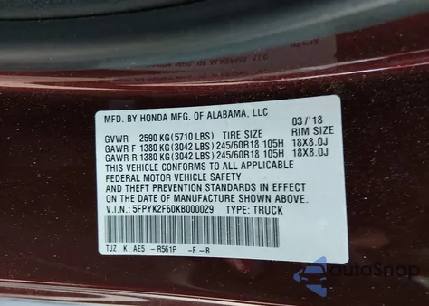 2019 Honda Ridgeline Rtl-T из США, поврежденный, VIN 5FPYK2F60KB000029